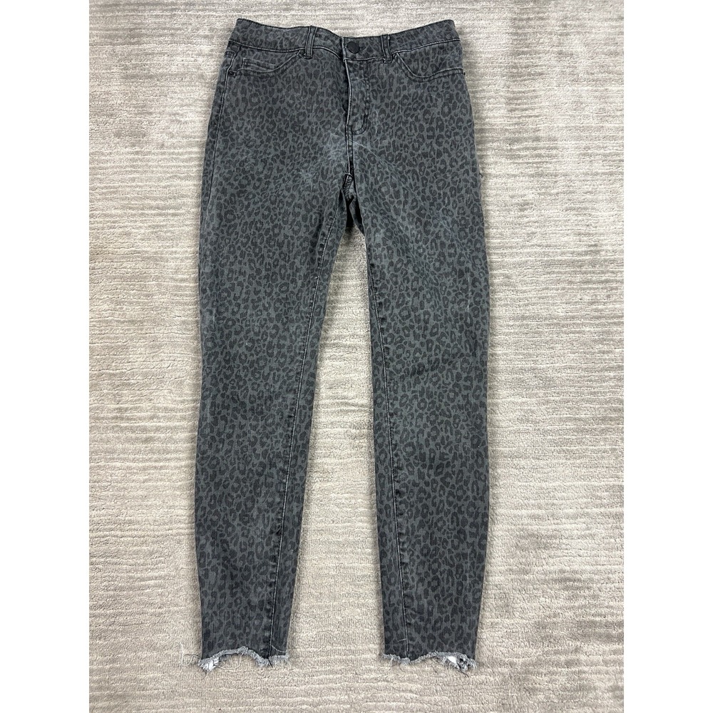 Jolt Skinny Jeans Juniors 3/26W Gray Denim‎ Animal Print Midrise Raw Hem